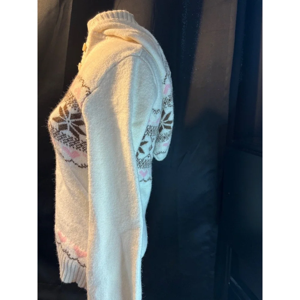 SHEIN Cream Fair Isle Hooded Sweater Snowflake Heart Henley Pullover Small
